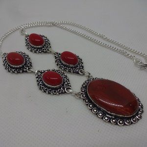 Gorgeous "POPPY JASPER & RED CORAL" Handmade Sterling Necklace 20" #732